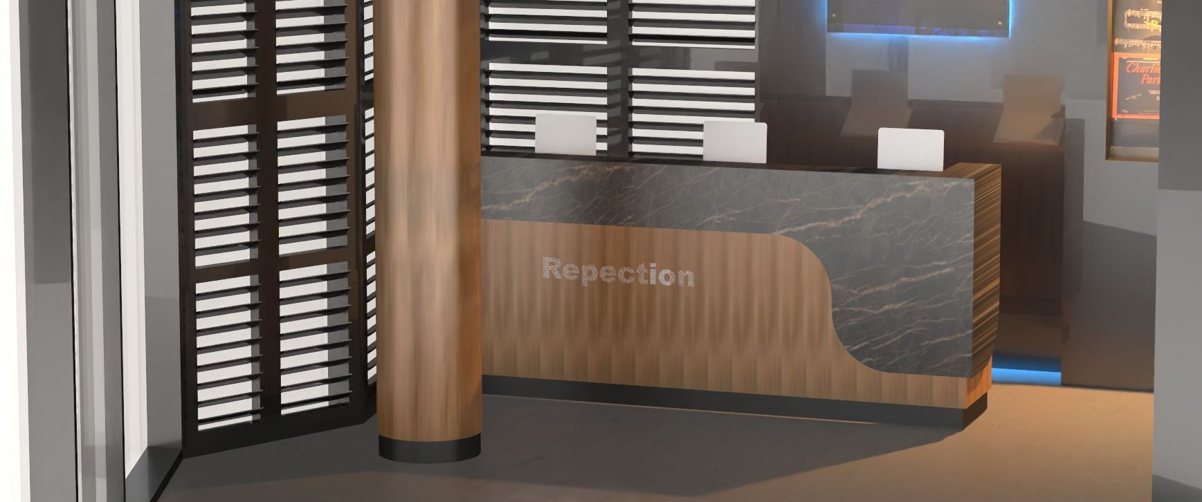A sophisticated 3D architectural rendering of a commercial office lobby featuring a curved wood and dark marble reception desk with the word "Repection" misspelled on the front panel.