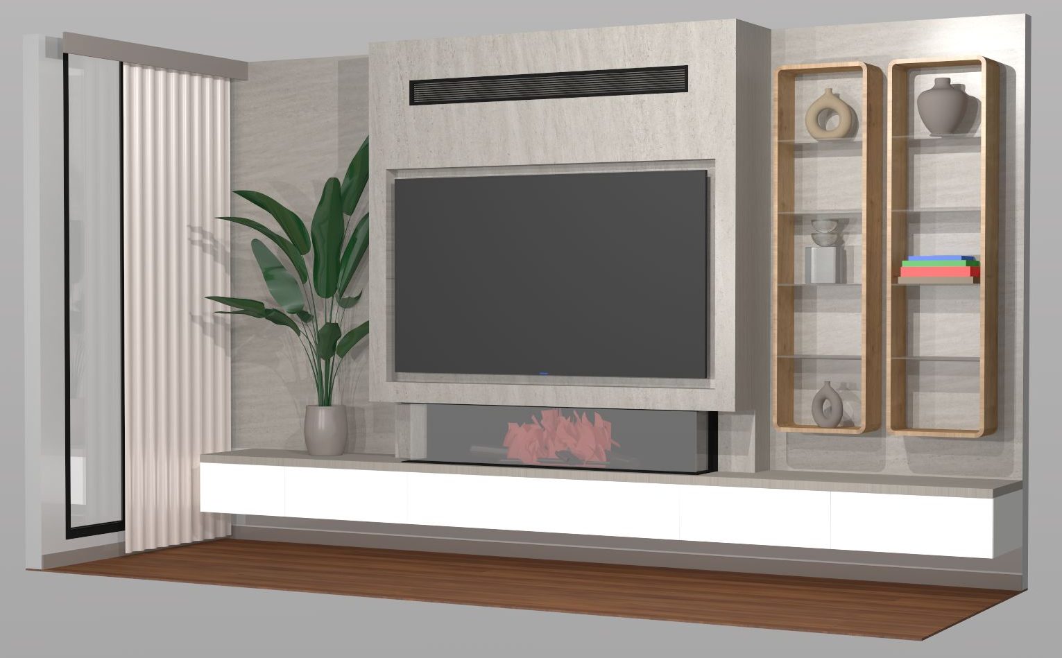 A sophisticated 3D architectural rendering of a modern residential living room entertainment wall featuring a floating white media console, an integrated electric fireplace, a wall-mounted TV, and vertical display shelves.