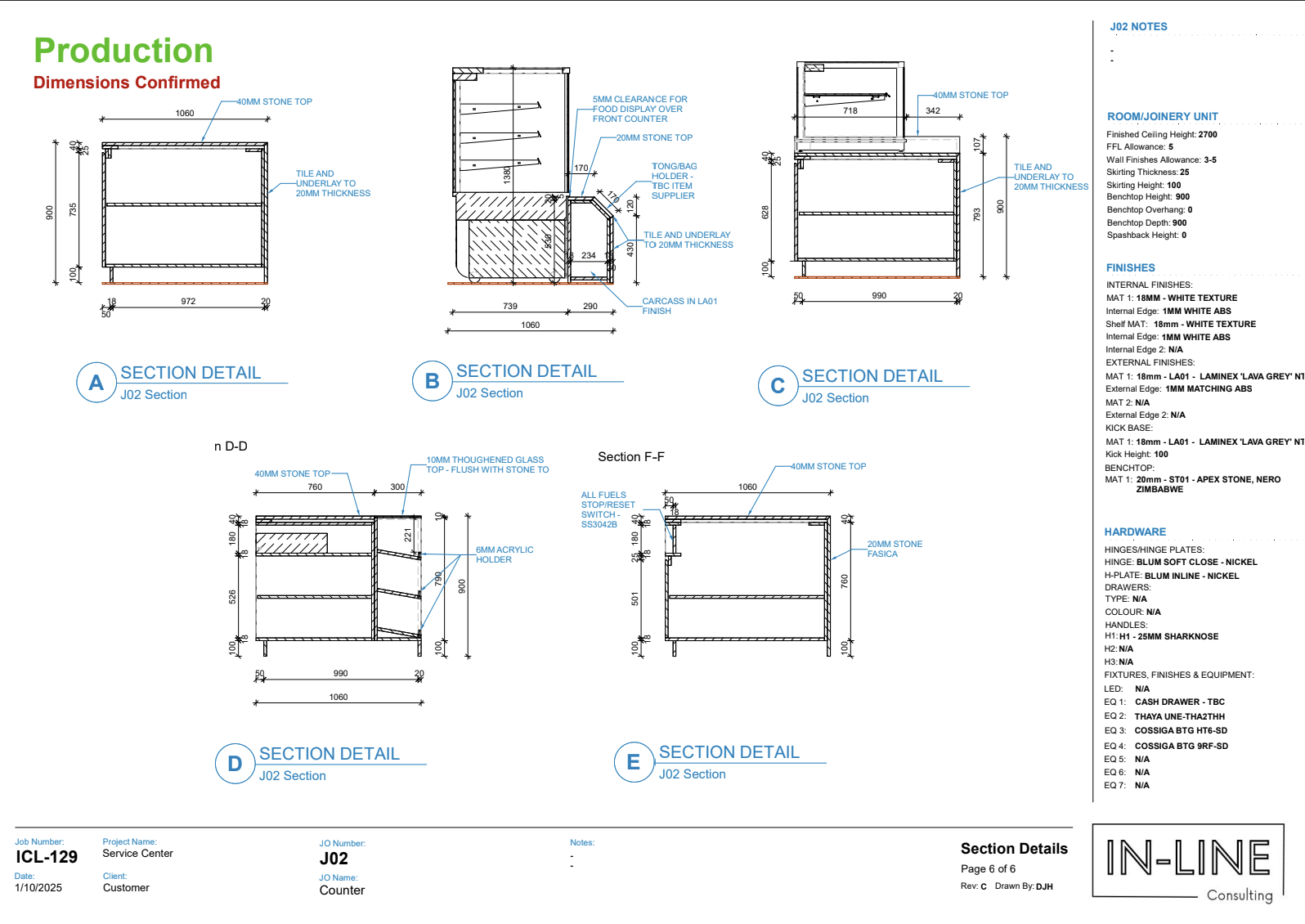 Detailed technical architectural drawings and section details for a service counter, including dimensions, hardware specifications, and finish materials.