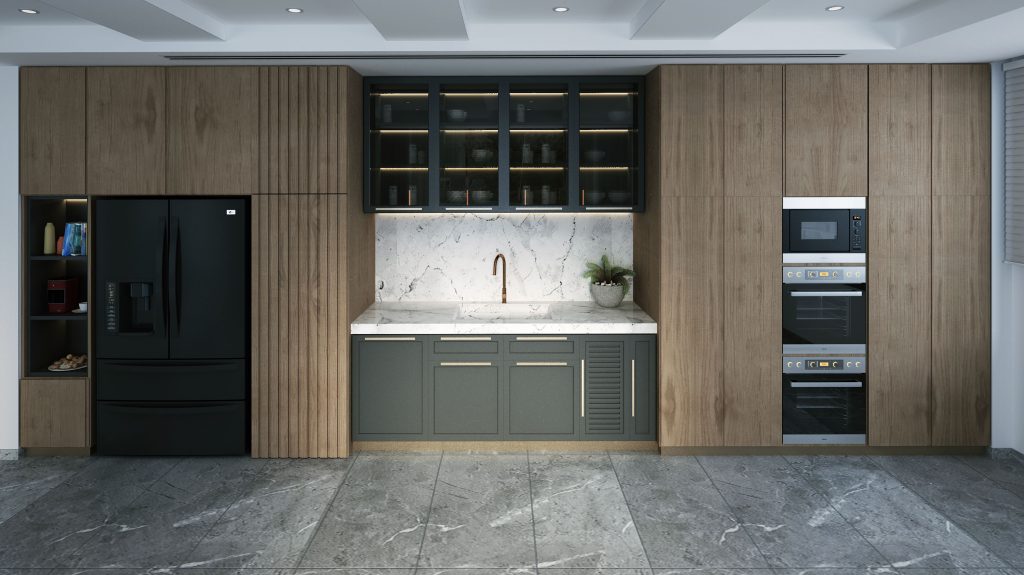 A realistic 3D visualisation for joinery showing a modern luxury kitchen layout with custom timber cabinetry, integrated appliances, and a marble splashback.