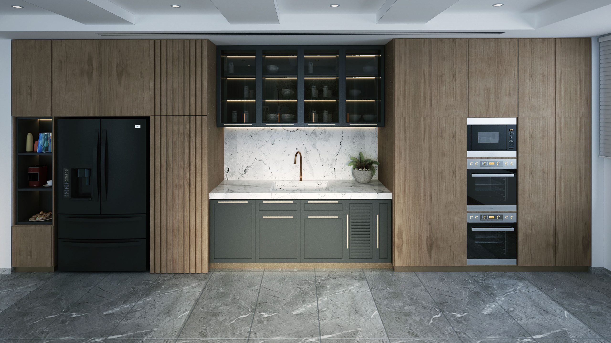 A realistic 3D visualisation for joinery showing a modern luxury kitchen layout with custom timber cabinetry, integrated appliances, and a marble splashback.