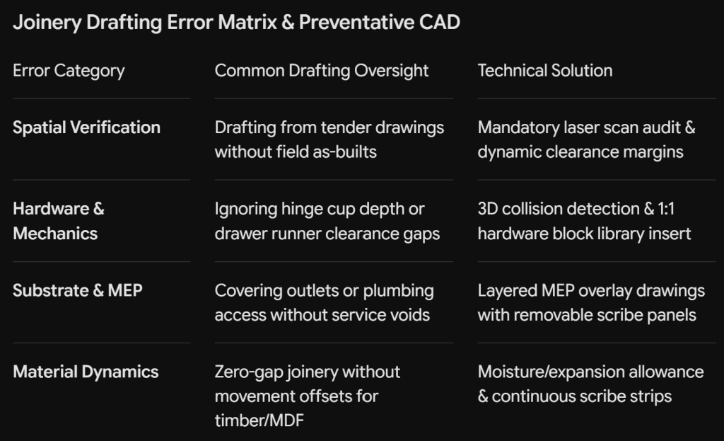 Table of a joinery drafting error matrix and preventative CAD methods to avoid common joinery design mistakes across spatial, hardware, and material categories.