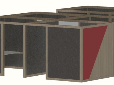 A cropped 3D CAD architectural rendering displaying a cluster of modular open-plan commercial office workstations or acoustic privacy booths with fabric panels and timber trims.
