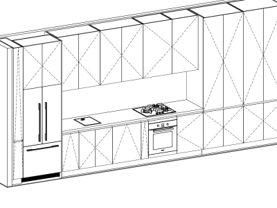 A technical 3D CAD schematic drawing displaying a linear residential kitchen joinery layout with a built-in refrigerator, oven, cooktop, and custom cabinetry panels marked with opening direction symbols.