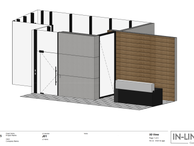 A technical 3D architectural rendering displaying a commercial reception lobby and entrance glass door layout with an inline consulting title block.