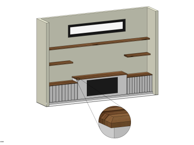 A 3D architectural rendering showing a perspective view of a custom living room fireplace wall with an inset detail bubble highlighting a chamfered or beveled edge on the wood mantle top.