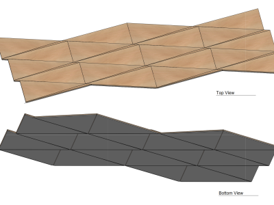 A technical 3D CAD schematic layout rendering displaying the top and bottom perspectives of a geometric, faceted modular ceiling panel system or feature wall configuration.